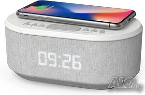 i-box Bedside Radio Alarm Clock with USB Charger, Bluetooth Speaker, QI Wireless Charging, Dual Alar