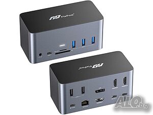 FlePow 17-in-1 USB-C Hub - до 4 дисплея, Аудио,LAN, 5 USB порта, 100 W PD, SD/Micro SD