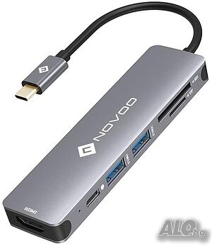 Novoo USB C хъб (6 в 1), алуминий с HDMI, 4K, 2 USB 3.0, PD, четец на microSD, SD