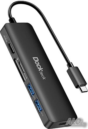 Dockteck USB C хъб 6-в-1 докинг, с 4K 60Hz HDMI, 100W PD, 2 USB 3.0, SD/microSD