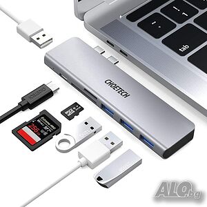 CHOETECH USB-C хъб 7 in 2, алуминиев, 3xUSB 3.0,  USB 2.0, PD 100W,  TF/SD четец