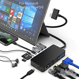 12 в 1 USB хъб за Surface Pro 4/5/6, 4K HDMI/DP/VGA, Gigabit, 3USB 3.0, Typc C, аудио, SD/TF