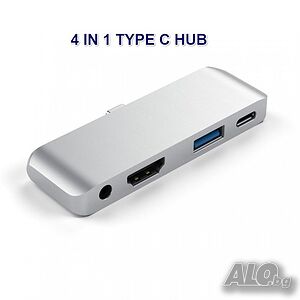 USB C хъб HDMI, 4 в 1, 4K HDMI, USB 3.0, USB C PD 3.0 60 W, 3,5 мм аудио жак