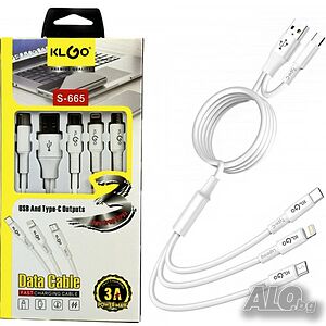 Кабел 4 в 1, KLGO S-665, силиконов, USB-A(м) и USB-C(м) към MICRO USB(м), USB-C(м) и Apple lightinig