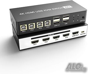 4-портов HDMI KVM превключвател, 4 PC с един монитор, 4K@60Hz, 4в1 KVM, мишкаклавиатура, принтер.