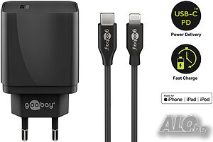 Заряднo устройствo Goobay, Lightning / Type-C,PD 3.0, 18W/3A/5V/1m, за iPod/iPhone/iPad, нови