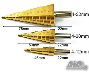 Комплект от стоманени стъпкови свредла, три броя Ново