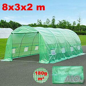 24кв.м Покривало за оранжерия 8x3x2M PREMIUM с 2 врати и 16 прозореца, UV защита 180 гр./м2