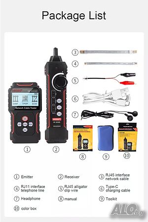 Кабелен тестер Noyafa NF 8209S, POE, NCV/QC тест, Дължина на кабел, Презареждаща батерия