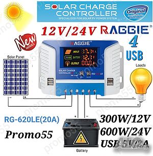 Контролер за соларен панел 12V/24V 20А USB-4Бр. Raggie RG-620LE20A