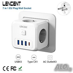 LENCENT Разклонител 7-в-1 3хAC, 3 USB порта и 1 Type C и бутон за включване/изключване