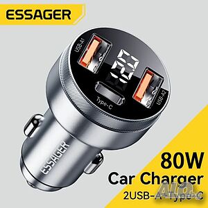 Essager 80W метално зарядно за автомобил 2хUSB+Type C / Fast Charging