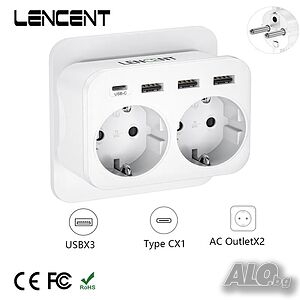 LENCENT Разклонител, адаптер 6-в-1 2хAC, 3 USB порта и 1 Type C