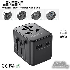 LENCENT Международен адаптер за пътуване с 2 USB порта+Зарядно устройство за EU/UK/USA/AUS