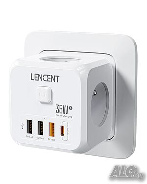 LENCENT Разклонител 7-в-1 3хAC, 3 USB порта QC 18W +1 Type C PD 35W бързо зареждане и пауър бутон