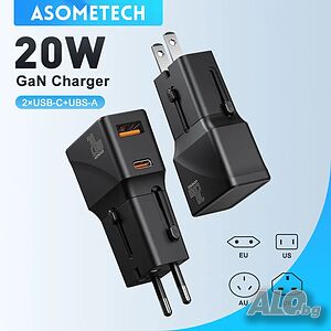 ASOMETECH Универсален адаптер бързо зарядно с 1 USB QC 3.0 порт и 1 PD 20W Type-C за EU/UK/USA/AUS