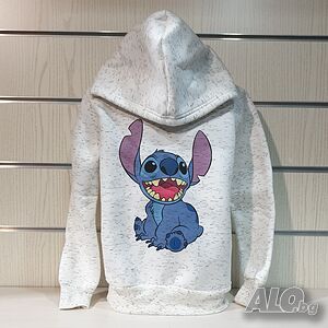 Нов детски суичър с дигитален печат Стич (Stitch) в цвят бял меланж