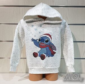 Нов детски коледен суичър с дигитален печат Стич (Stitch) в цвят бял меланж