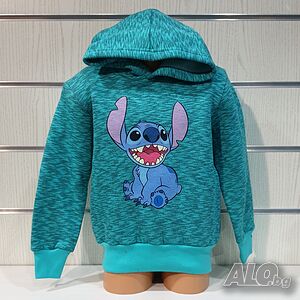 Нов детски суичър с дигитален печат Стич (Stitch) в цвят зелен меланж