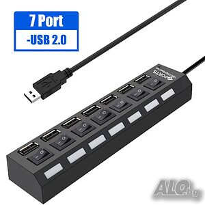 USB HUB разклонител, 7 порта и индивидуални ключове, до 480MBPS, черен