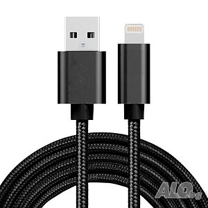 Сплетен кабел за пренос на данни и зареждане с конектори USB 2.0 / Lightning - 2m - черен